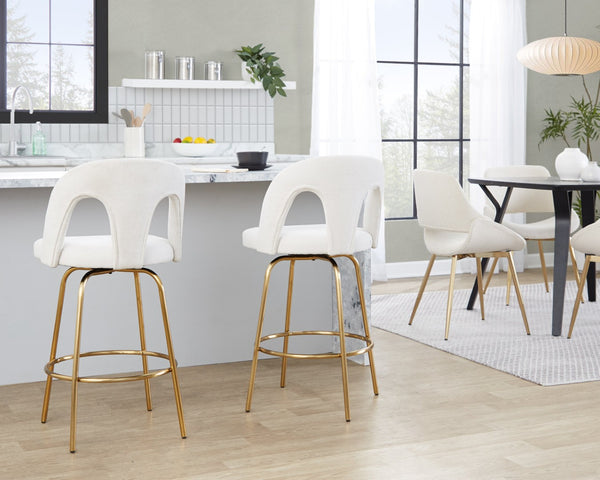 English Elm Fixed-height Swivel Counterstools with White Upholstery Gold Footrest Set of 2 B202S01782