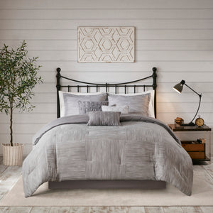 English Elm 7 Piece Printed Seersucker Comforter Set - Modern Grey Ensemble For Queen Bed With Decorative Pillows B03597114