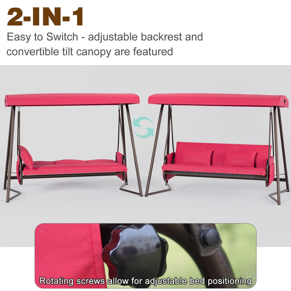 English Elm Outdoor 3 Seater Metal Swing Chair with Plush Cushion, Convertible Bed, Breathable Teslin Fabric Canopy Durable Suspension System Quiet Swing for Patio and Garden Comfort 3-Person Seating Red W400P149696