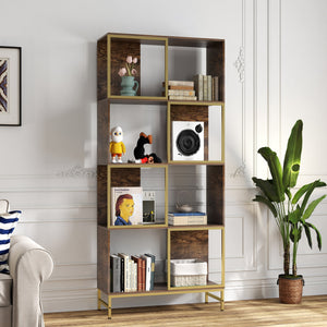 English Elm 4-Tier Industrial Bookcase with Rustic Wood & Gold Metal Frame, Asymmetrical Shelves for Small Spaces W2167P192763