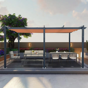 English Elm 11 11 X 16 FT Retractable Pergola with Weather-Resistant Canopy, Aluminum Frame, Easy Assembly, Versatile Outdoor Shade and Entertainment Space khaki W1859S00079