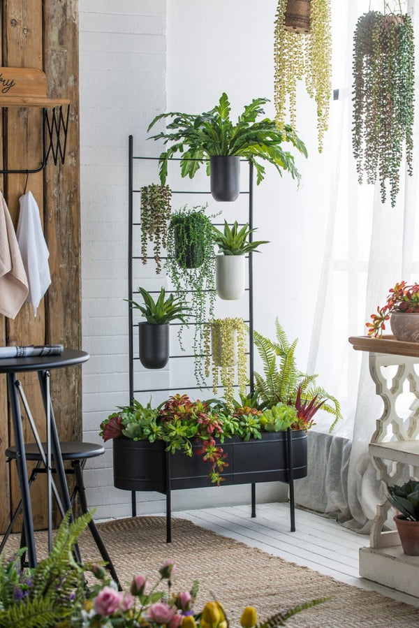 English Elm 32x14x60" Matte Black Iron Ladder Plant Stand with Bucket Planters for Indoor Outdoor W2078P499969