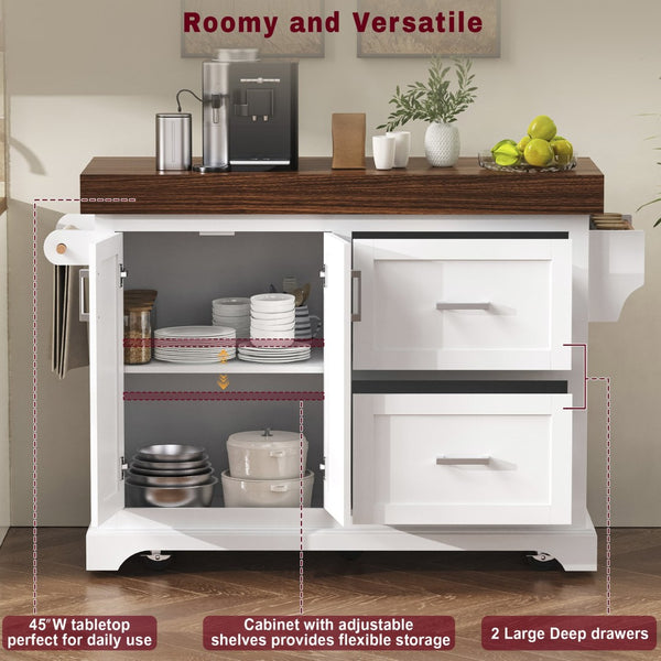 English Elm K&k Rolling Kitchen Island with Walnut Grain Countertop Drawers and Spice Rack White N707S000025W