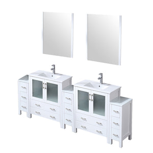 English Elm White Double Bath Vanity 96 in W x 18.25 in D with Side Cabinets, Scratch-Resist Ceramic Top, Chrome Faucet Set and 28 in Mirrors B2731S01223