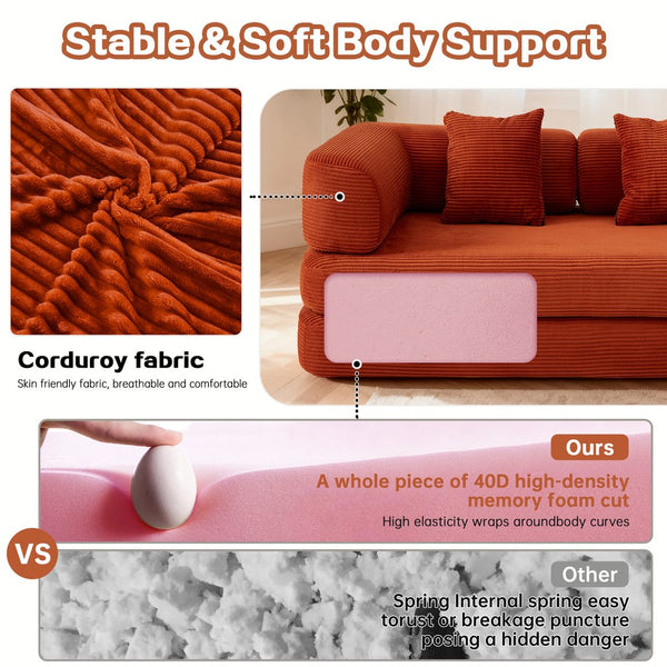 English Elm Floor Floor Couch Convertible 5-in-1 Corduroy Sofa Bed with Pillow-to-Blanket, Reinforced Frame Red W3565P354958