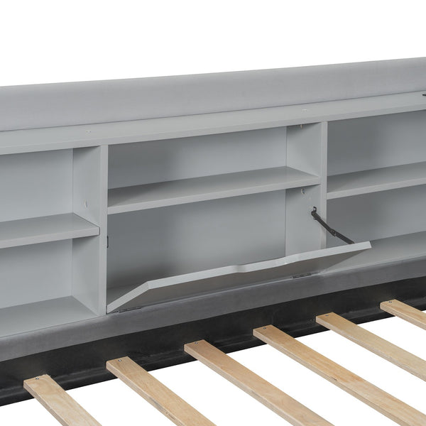 English Elm Twin Upholstered Daybed with Pull-Up Trundle, Velvet High Back with Shelves, Flip Storage & USB Gray SF000194AAE