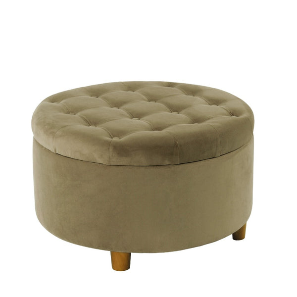 English Elm Jo Round Velvet Storage Ottoman Tufted Lift Top with Walnut Legs for Living Room Brown Multi B056P416971