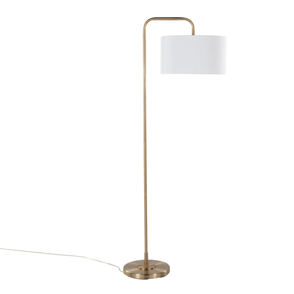 English Elm Puck 63.75" Contemporary Gold Metal Floor Lamp with White Linen Drum Shade, Arched Base & Switch B202P223989