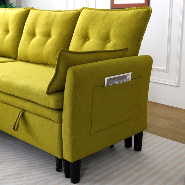 English Elm L-Shaped Reversible Chaise Sectional Sofa with Storage and Fold-Out Bed Cotton-Linen Modern Design Green W3371S00026