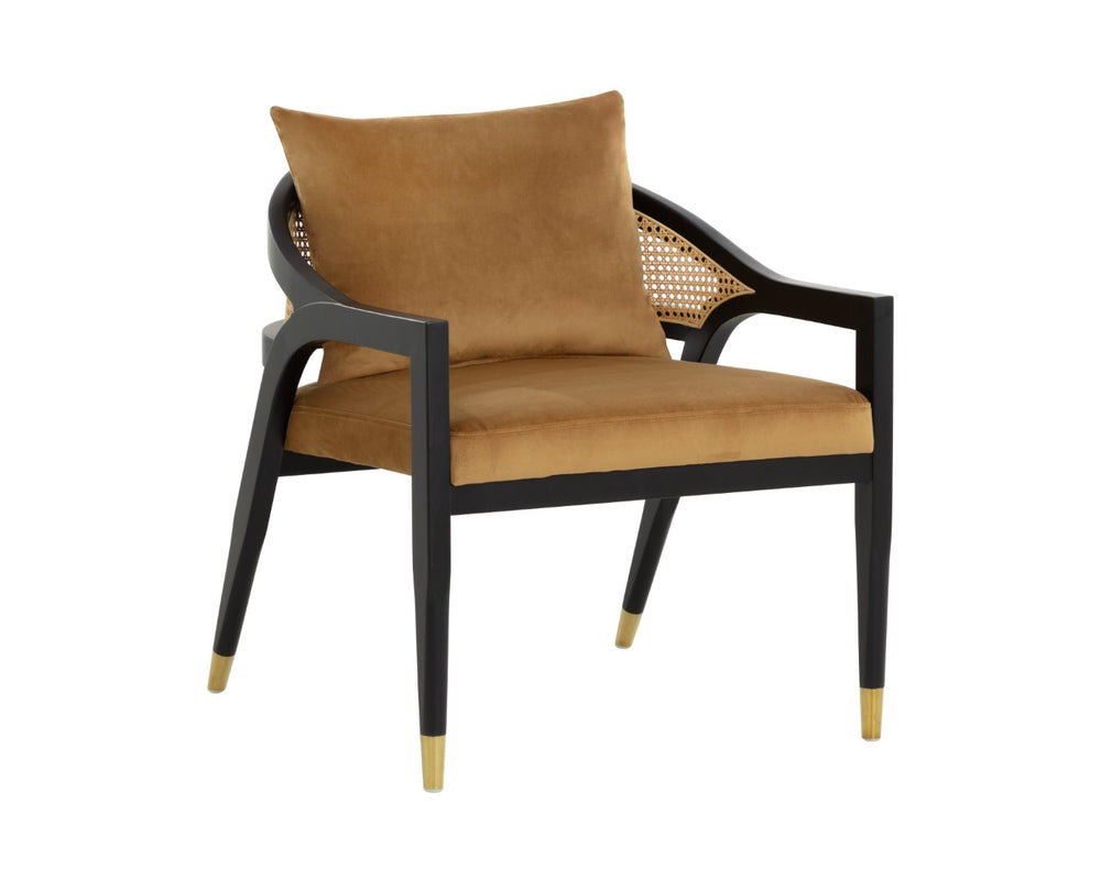 Sunpan KIRSTEN Lounge Chair - Coastal Chic Design with Rattan Back, Gold Sky Upholstery & Matte Black Frame 108716
