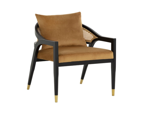 Sunpan KIRSTEN Lounge Chair - Coastal Chic Design with Rattan Back, Gold Sky Upholstery & Matte Black Frame 108716