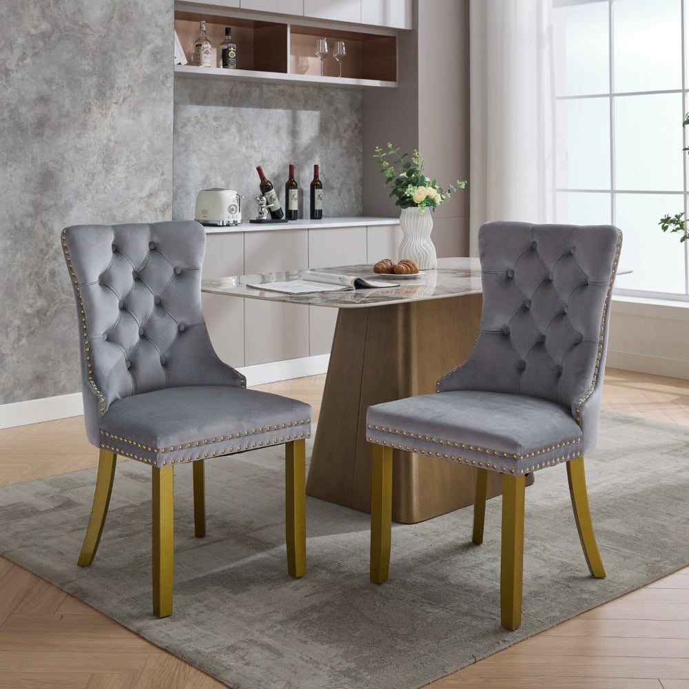 English Elm A&a Furniture Nikki Velvet Wingback Dining Chair Set Nailhead Trim Golden Legs W1143P179488