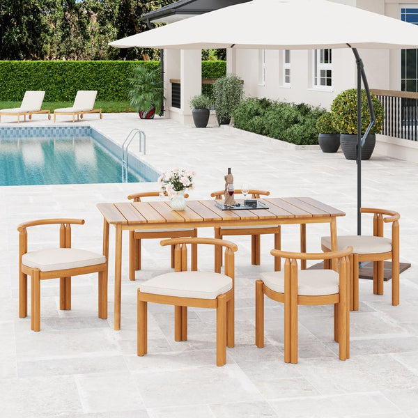 English Elm Christopher Knight Home® - Cove Teak & Beige 7PC Armless Outdoor Patio Dining Set — Acacia Wood Table, Ergonomic Cushions COVEARMLESS7PCSET