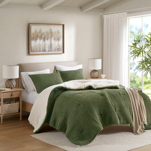 English Elm 2 Pieces Twin Waffle Knit Chenille Comforter Set with Plush Sherpa Reversible Cozy Bedding Ensemble Olive 20.47 L x 11.42 W x 9.84 H B035P381296