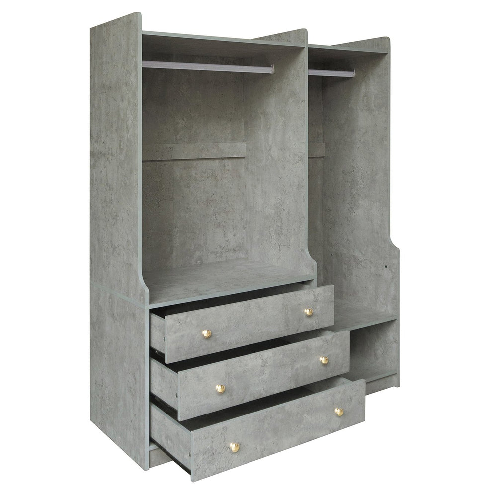 English Elm Open Open Wooden Wardrobe with 2 Rods, 5 Shelves & 3 Drawers — Modern Gray White Storage Solution N820S00021E
