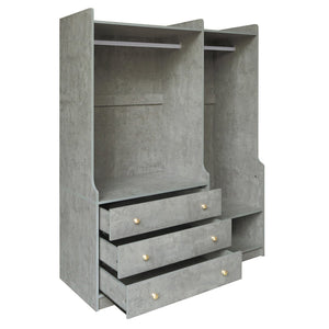 English Elm Open Open Wooden Wardrobe with 2 Rods, 5 Shelves & 3 Drawers — Modern Gray White Storage Solution N820S00021E
