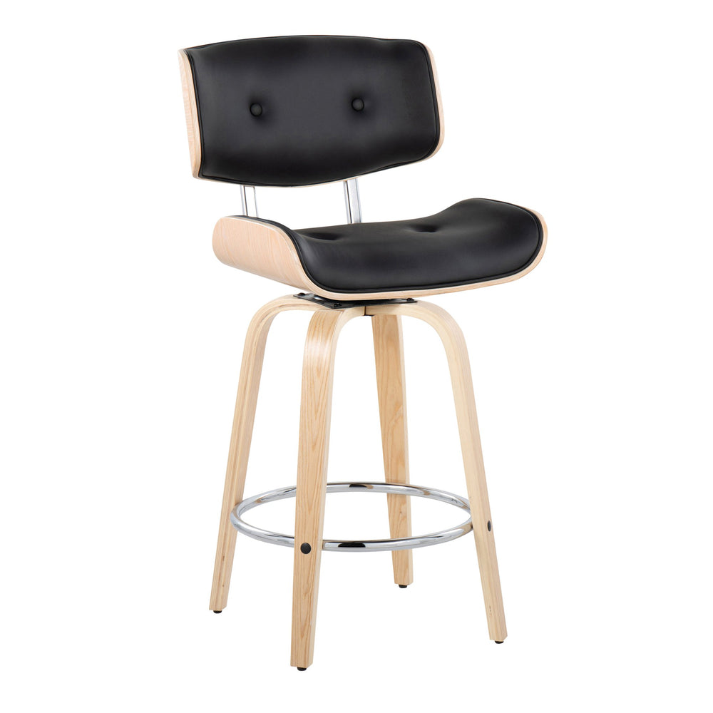 English Elm Lombardi Mid-Century 26" Counter Stools Set of 2 — Tufted Black Faux Leather, Swivel, Natural Wood B202S00343