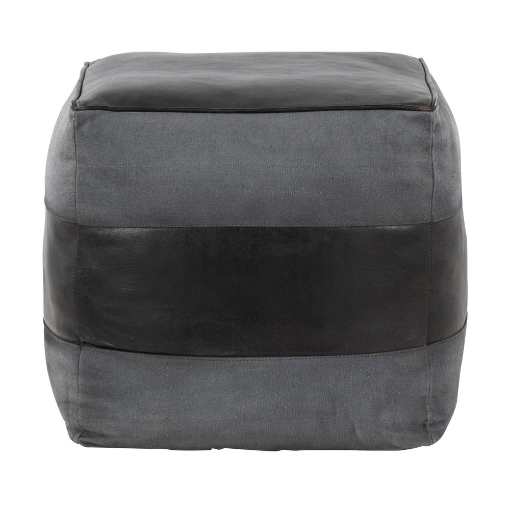 English Elm Cobbler Leather and Canvas Pouf Ottoman by LumiSource — Industrial Stitching, Recycled Cotton Fill, 20" Square Grey B202P223715