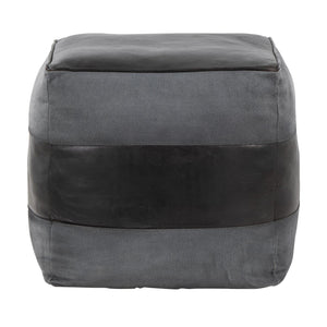 English Elm Cobbler Leather and Canvas Pouf Ottoman by LumiSource — Industrial Stitching, Recycled Cotton Fill, 20" Square Grey B202P223715