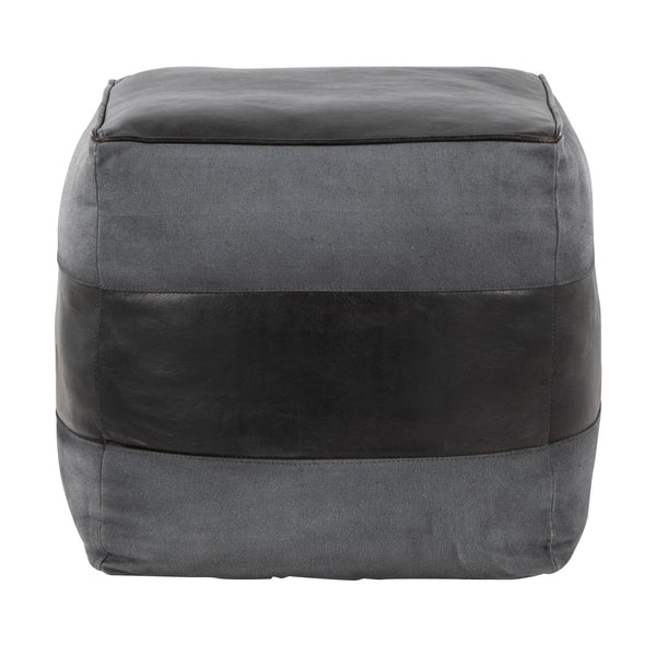 English Elm Cobbler Leather and Canvas Pouf Ottoman by LumiSource — Industrial Stitching, Recycled Cotton Fill, 20" Square Grey B202P223715