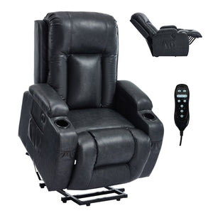 English Elm Beige Pu Leather Power Lift Recliner with Massage Lumbar Heat and Usb Charging Gray W1803S00084