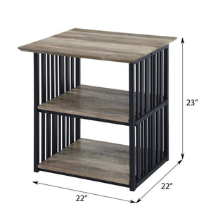 English Elm Antique Rustic Oak Nightstand with Black Slatted Metal Frame, 3-Shelf Industrial Charm for Bedroom Storage B062P209017