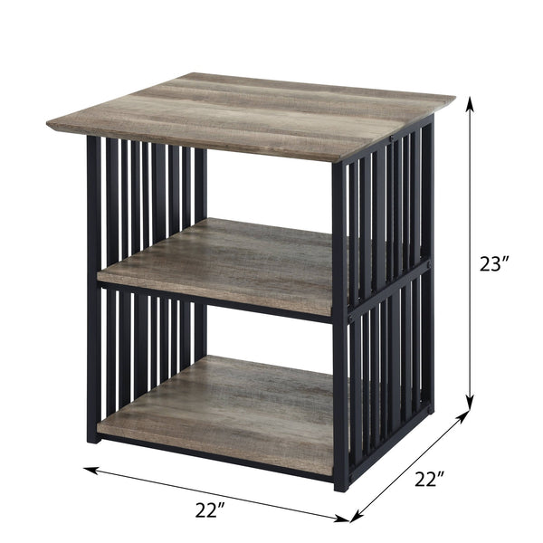 English Elm Antique Rustic Oak Nightstand with Black Slatted Metal Frame, 3-Shelf Industrial Charm for Bedroom Storage B062P209017