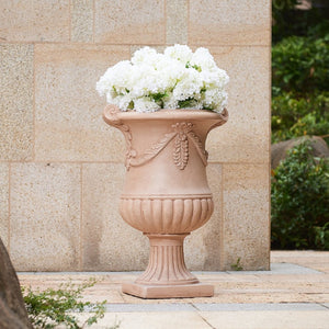 English Elm Elegant Handcrafted Mgo Floral Relief Garden Urn Planter with Antique White Finish Terracotta N772P389441T