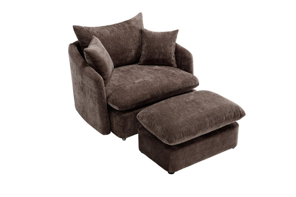 English Elm 360° 360 Swivel Oversized Chenille Armchair with Pocket Spring Seat and Three Throw Pillows Brown W1361S00049