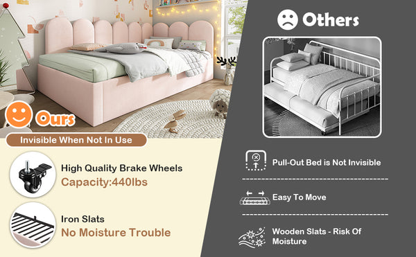 English Elm Upholstered Twin Daybed with Pull-Out Trundle, Velvet Upholstery, Metal Slatted Frame, 300lb Capacity Pink AA20362122P