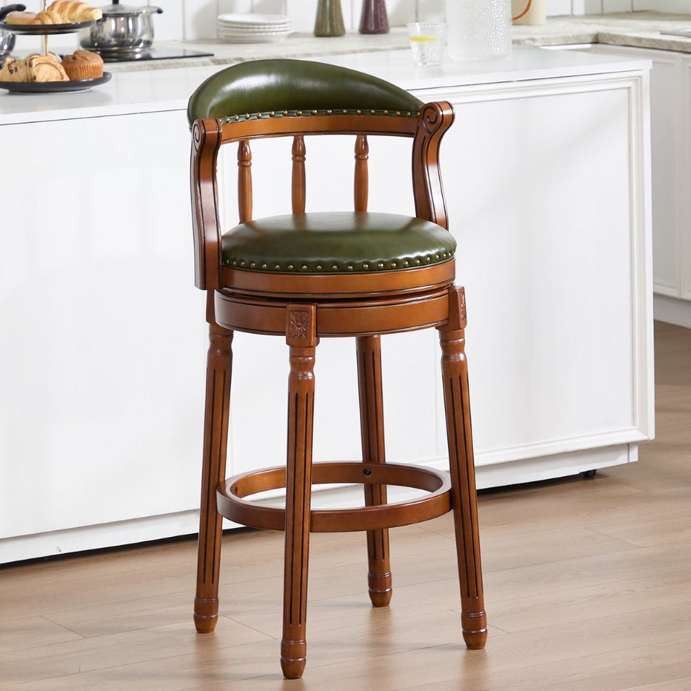 English Elm Cow Leather Swivel Barstool Solid Hardwood Frame Cushioned Back for Kitchen Island W2195P414774