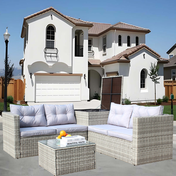 English Elm 4 Piece Patio Sectional Wicker Rattan Outdoor Furniture Sofa Set with Storage Table, Beige Cushions, Tempered Glass Grey W209S00014