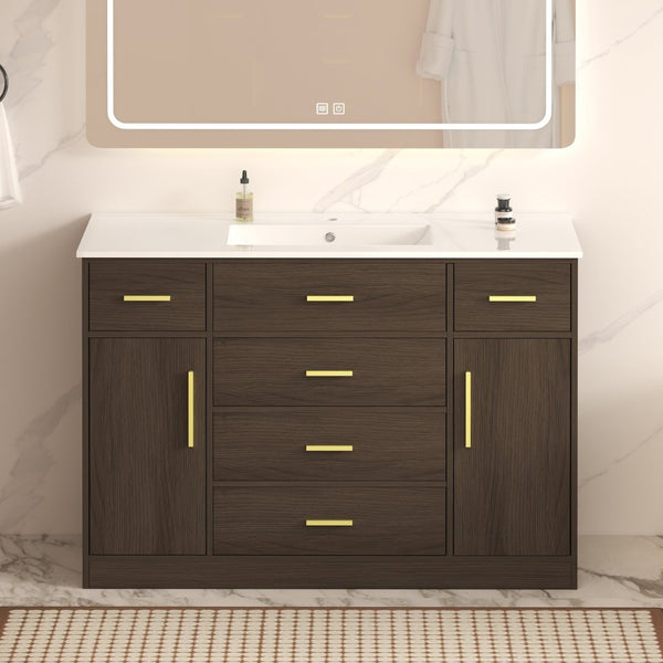 English Elm 48"dark Brown Vanity with 6 Drawers and Soft Close Doors for a Spa Bathroom Dark Brown W3133S00025