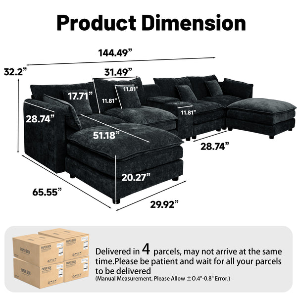English Elm U Shaped Sectional Cloud Couch for Living Room 144" Plush Modular Sofa with Ottoman Storage Console Cupholders Black W3276S00011