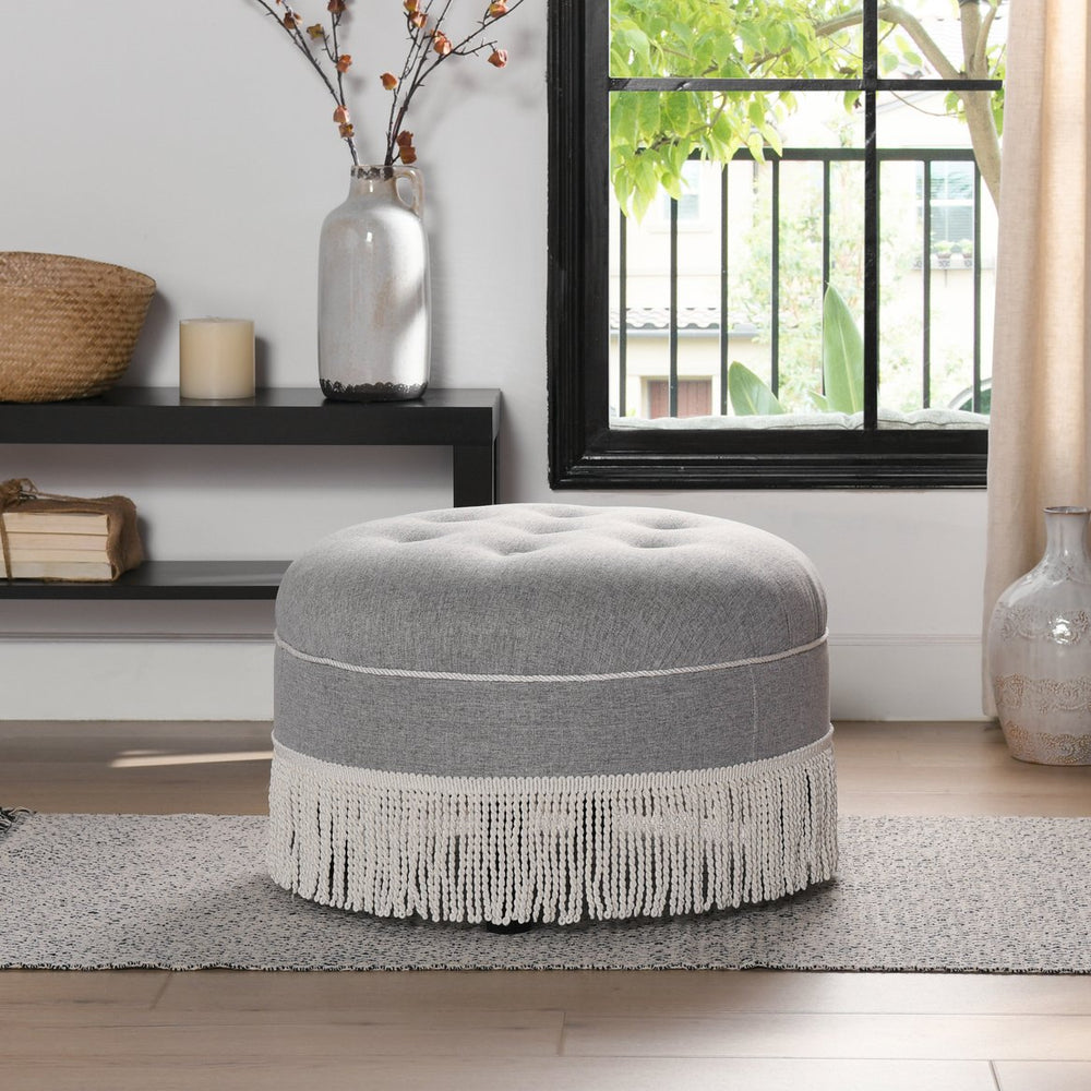 English Elm Jennifer Taylor Home - Yolanda 24" Round Upholstered Accent Ottoman - Light Gray & Ivory Trim For Elegant Home Style B2719P238166