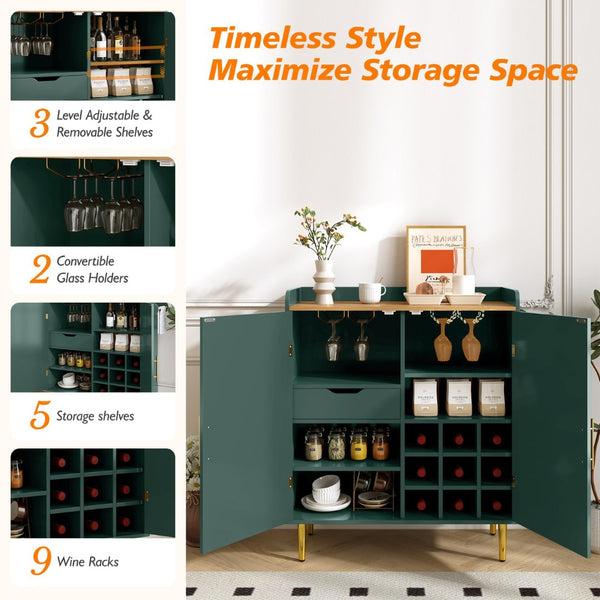 English Elm Modern Fluted Bar Cabinet with Wine Rack Glass Holders Adjustable Shelving and Hidden Drawer Green N728P438606G