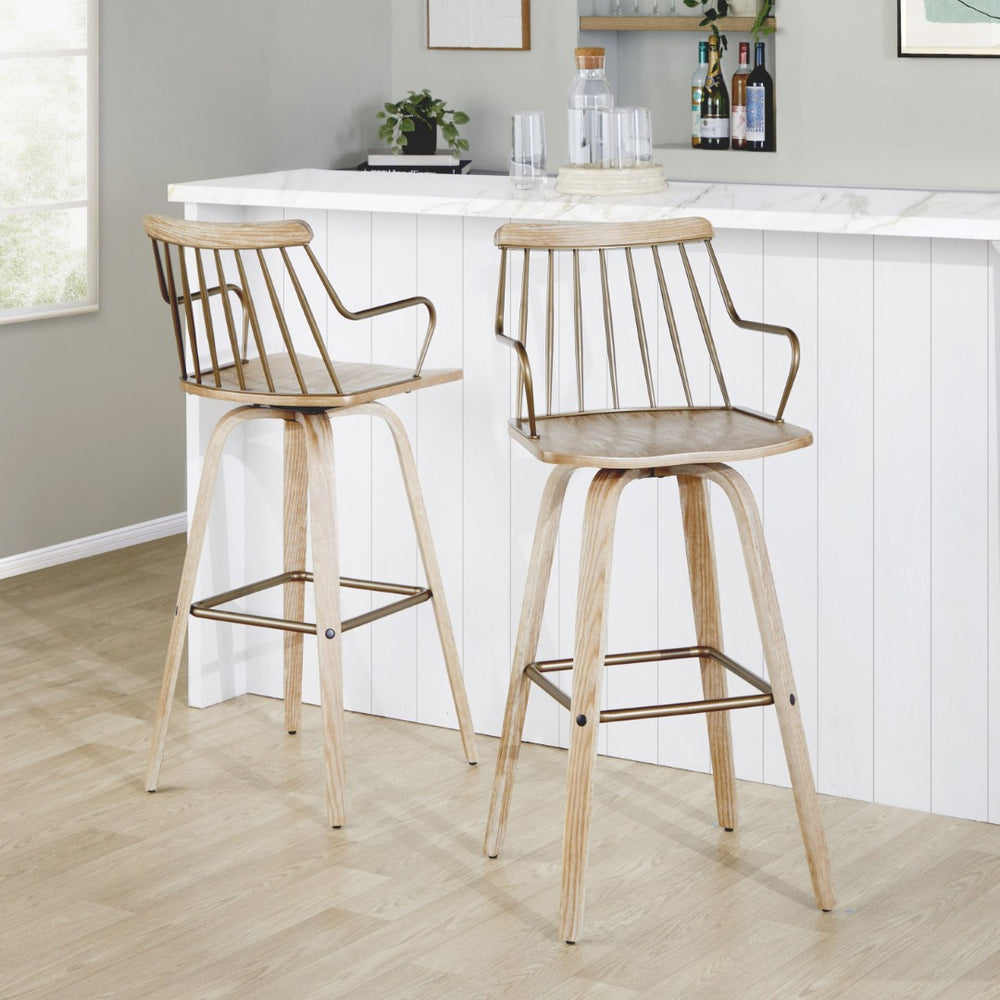 English Elm Fixed-height Swivel Barstool Whitewashed Spindle Back with Copper Footrest for Kitchen Islands B202P471173