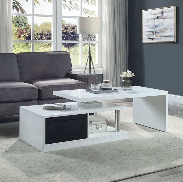 English Elm Buck Modern Buck II White Black High-Gloss Coffee Table with Swivel Top, Stainless Steel Storage B2726P292575