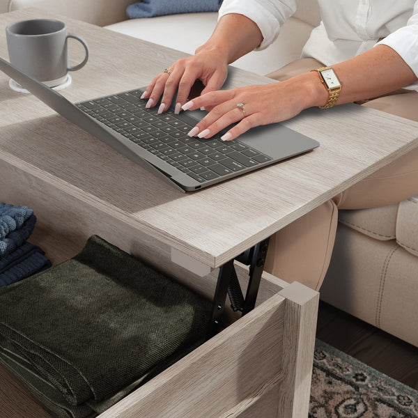 English Elm Lift-Top Coffee Table With Brown Oak Finish – Versatile Storage & Stylish Design For Small Spaces B356P367852