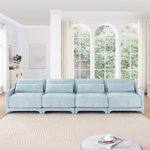 English Elm Four-Seater Chenille Sofa In Sky Blue - Ergonomic Design, Solid Wood Frame, Perfect For Lounges & Hotels W714S01210