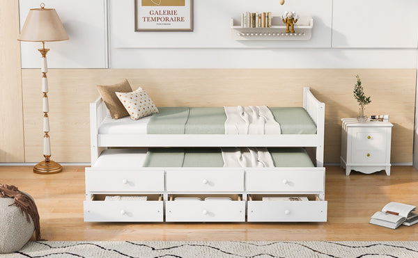 English Elm Daybed Twin Frame with Pull Out Trundle and Three Storage Drawers for Kids Rooms White LP100241AAK