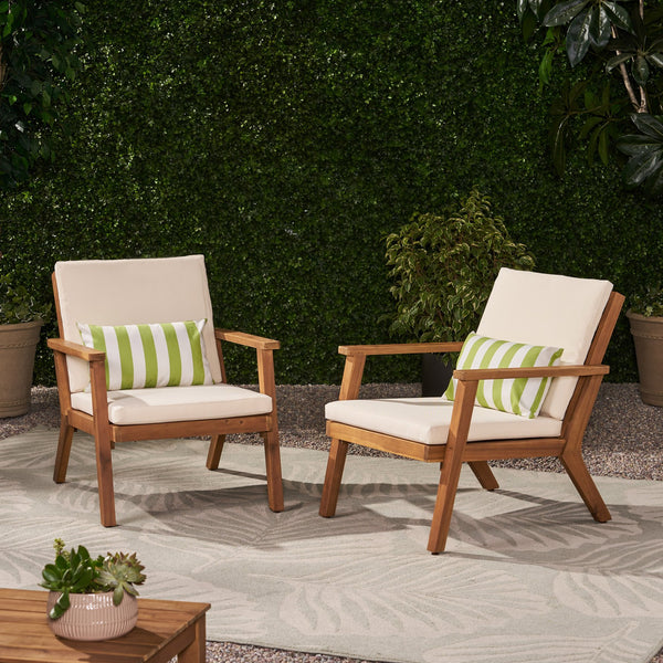 English Elm Christopher Knight Home® - Outdoor Acacia Wood Club Chairs Set of 2 with Water-Resistant Beige Cushions, Open Slat Design, Durable 66464.00CRM