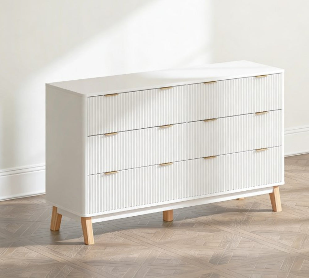 English Elm Closet Six Drawer Double Dresser with Fluted Fronts Gold Pulls and Rubberwood Legs T3971P431269