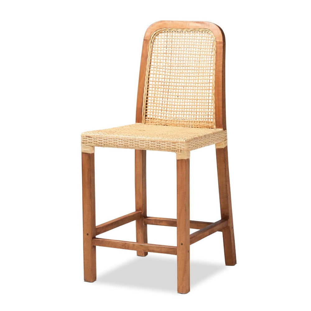 English Elm Mid-century Modern Mahogany Wood Counter Stool with Woven Rattan Back Panel B2750P470061