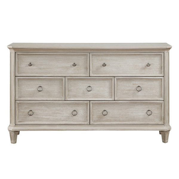 English Elm Traditional Leander 66" 7-Drawer Dresser Light Brown Oak Veneer with Weathered Nickel Ring Pulls and Molding B011P207858