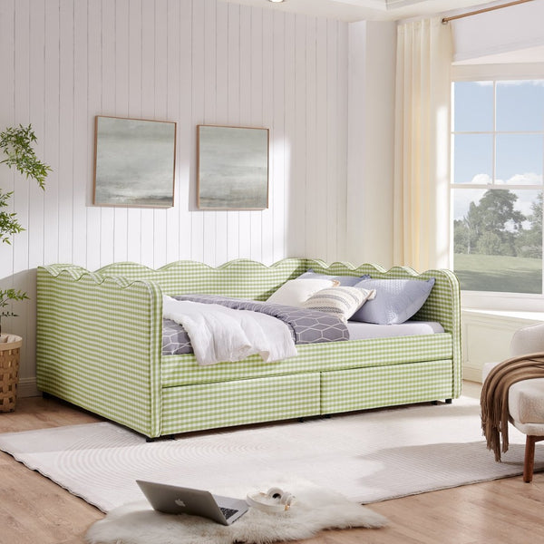 English Elm Queen Gingham Linen Daybed with Wave Backrest Two Storage Drawers and Usb Port Green W1413S00151