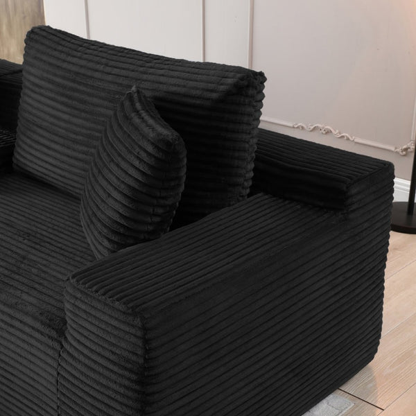 English Elm Modular Cloud Sectional Sofa with Corduroy Deep Seating Usb Ports and Storage Ottoman Black W1117S00360
