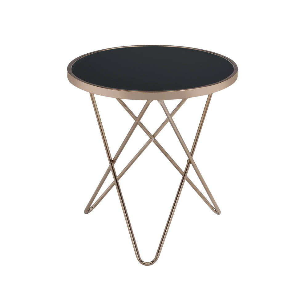English Elm Valora Round Black Glass End Table with Champagne Overlapped V Metal Base, Sleek 40lb Capacity B2726P370414