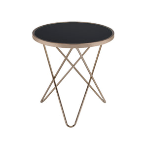 English Elm Valora Round Black Glass End Table with Champagne Overlapped V Metal Base, Sleek 40lb Capacity B2726P370414