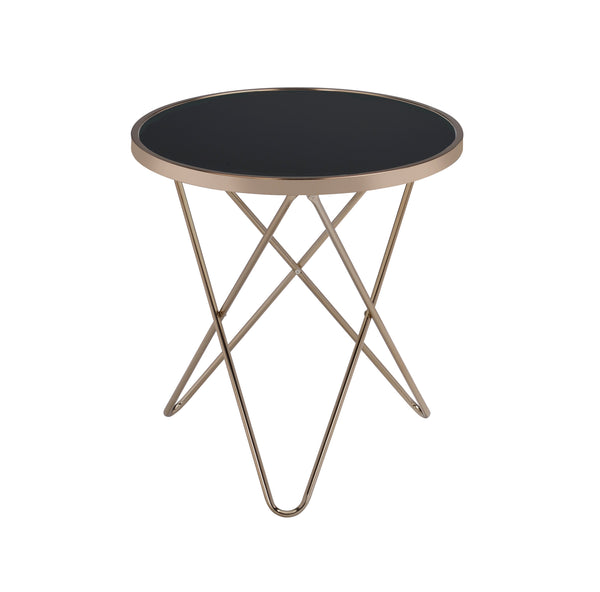 English Elm Valora Round Black Glass End Table with Champagne Overlapped V Metal Base, Sleek 40lb Capacity B2726P370414